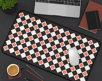Desk Mat: Cute Checkered Aesthetic Deskmat, Unique Office Accessory, Black & White Checkerboard pattern, Floral Mousepad, Cozy Gamer Decor