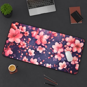 Dark Floral Desk Mat: Pink Cherry Blossom Aesthetic, Cozy Gamer Accessory, Unique Anime Japanese Garden Vibe, Custom Large Mousepad