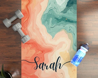 Personalized Yoga Mat: Custom Name, Organic Forms Colorful Green Design, Personalized Gift for Her, Anti-Slip Exercise Mat, Yoga Accessories