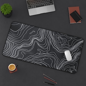 Black White Topography Desk Mat, Home Office Decor, Gaming Mousepad Gift, Abstract Topographic Map Desk Pad, Nature-Inspired Keyboard Mat