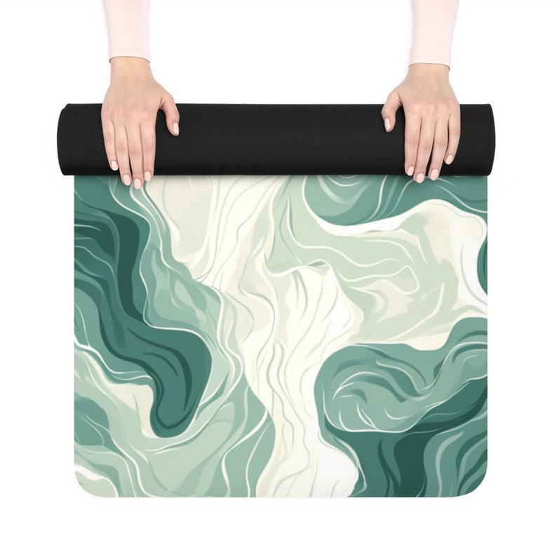 Yoga Mat: Green wavy Meditation Mat, Natural Rubber Fitness Mat, Gift for Her Him, Anti-Slip Exercise Mat, Lightweight Yoga Mat for Travel image 8