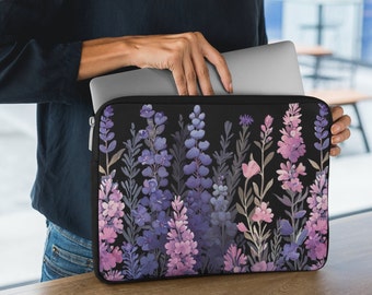 May include: A black laptop sleeve with a floral design featuring purple and pink flowers on a black background.
