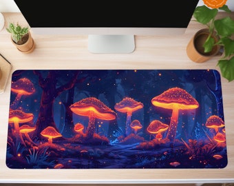 Mushroom Desk Mat | Cute Landscape with Glowing Mushrooms and Trees | Dark Cottagecore Magical Forest | Aesthetic Gift for Nature Lover