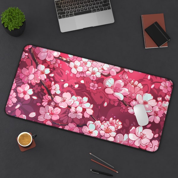 Pink Desk Mat: Cherry Blossom Aesthetic, Cozy Gamer Accessory, Unique Kawaii Japanese Garden, Custom Anime Large Mousepad,Cute Office Decor,