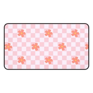 Desk Mat: Cute Pink Checkered Aesthetic Deskmat, Unique Office Accessory, Floral Vintage Look Checkerboard, Funky Mousepad, Cozy Gamer Decor image 4