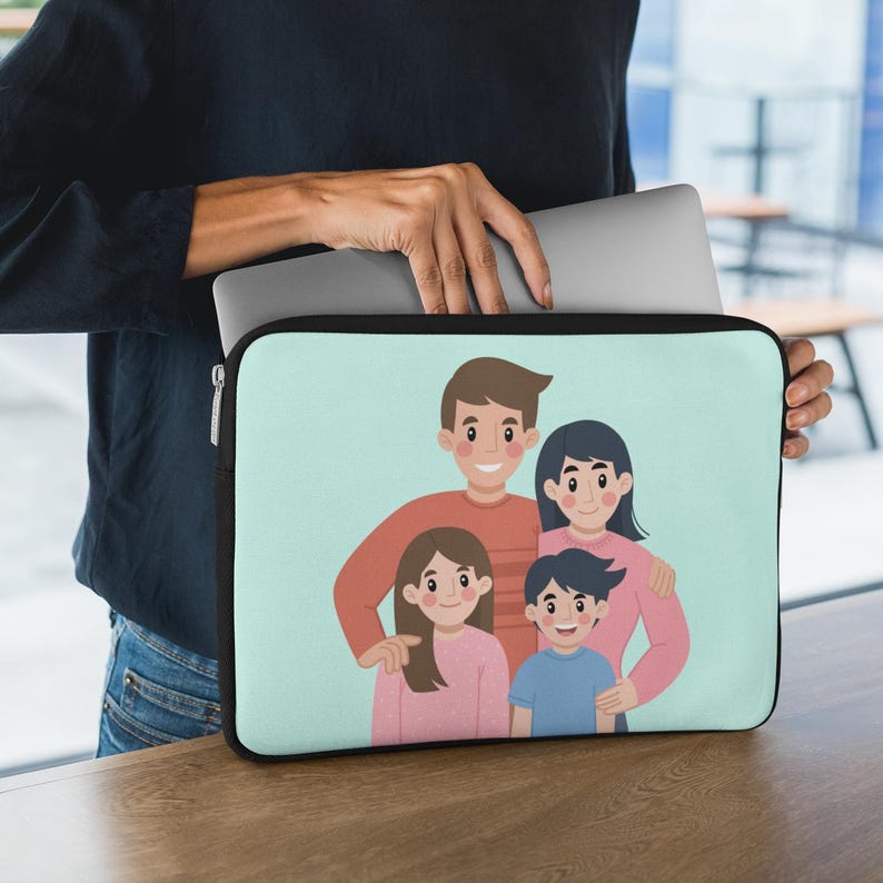 May include: A laptop sleeve featuring a family illustration. The design shows a family of four with a light blue background. The sleeve is black with a zipper closure.