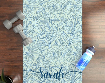 Personalized Yoga Mat: Custom Name, Natural Rubber Fitness Mat, Anti-Slip Exercise Mat, Green Floral Art Nouveau Meditation Mat Gift for Her
