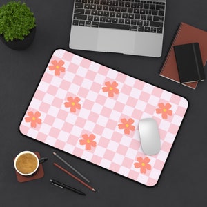 Desk Mat: Cute Pink Checkered Aesthetic Deskmat, Unique Office Accessory, Floral Vintage Look Checkerboard, Funky Mousepad, Cozy Gamer Decor 12" × 18"