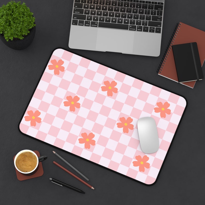 Desk Mat: Cute Pink Checkered Aesthetic Deskmat, Unique Office Accessory, Floral Vintage Look Checkerboard, Funky Mousepad, Cozy Gamer Decor 12" × 18"