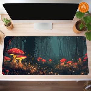 May include: A dark forest scene with glowing red and white mushrooms in the foreground. The background is a dark forest with tall trees and a misty atmosphere.