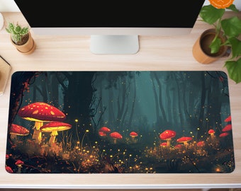 Mushroom Desk Mat | Cozy Gamer Decor, Dark Cottagecore Nature, Magical Forest - Unique Aesthetic Computer Accessories with Glowing Mushrooms