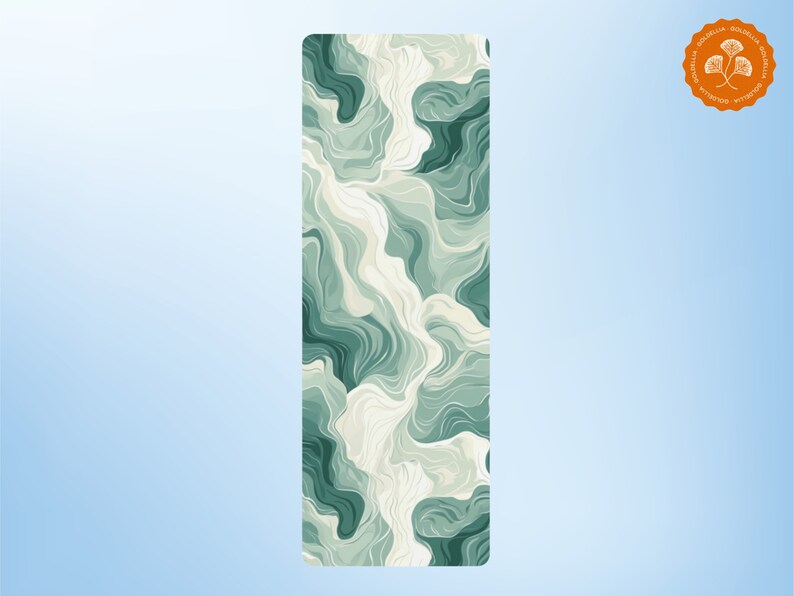 May include: A green and white yoga mat with a swirling, abstract pattern. The mat is made of a non-slip material and is perfect for yoga, Pilates, or stretching.
