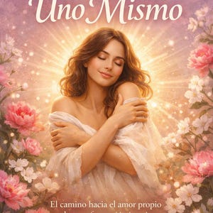 Puede incluir: Ilustración de una mujer abrazándose, rodeada de flores. La imagen contiene el texto "Amarse a Uno Mismo" y "El camino hacia el amor propio y la transformación interior". La paleta de colores incluye rosas, blancos y dorados suaves.