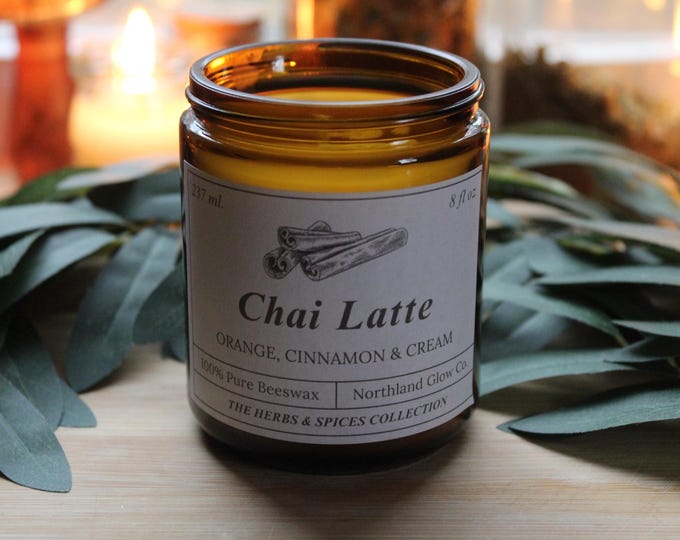 Chai Latte, 8oz Beeswax Candle, Chai Candle, Hand Poured Candle, Non-Toxic Candle, Natural Home Fragrance, Gift for Her