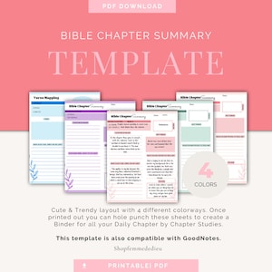 May include: Printable Bible chapter summary template with four different colorways. The template includes sections for verse mapping, key verses, reflections, and prayer. The text "Bible Chapter Summary" is printed on each page.
