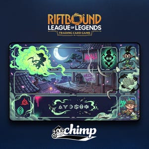 May include: A rectangular playmat for the Riftbound League of Legends trading card game featuring a dark blue background with a Japanese-style building, a crescent moon, and green smoke effects. It includes labeled zones for cards and characters.
