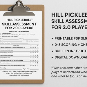 Könnte beinhalten: Eine druckbare PDF-Checkliste zur Bewertung der Pickleball-Fähigkeiten für 2.0-Spieler. Die Checkliste enthält ein 0-3-Bewertungssystem und integrierte Anweisungen. Das Dokument ist 8,5 Zoll mal 11 Zoll groß.