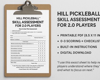 Hoja de evaluación de habilidades de Pickleball 2.0: Formulario imprimible de calificación de jugadores para principiantes (PDF diseñado por el entrenador)