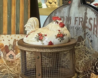 Ceramic Chicken Egg Holder with Red Floral Pattern - Kitchen Counter Top Decor - Decorative Fresh Egg Container - Rustic  Christmas Gift