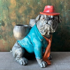 Large Ceramic Bulldog Planter: Turquoise Suit Dog Statue - Garden Decor