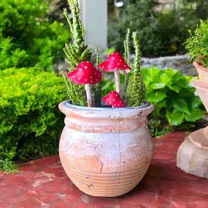 Red Clay Mushroom Pot Stakes - Realistic Decorative Mushroom for Planters, Fairy Garden or Terrarium - Handmade Garden Plant Ornament