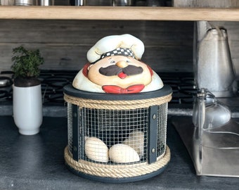 Ceramic Egg Holder Counter Top, Farmhouse Kitchen Decor, Wooden Fresh Egg Container,  Vintage Decor for Restaurant, Gift for Chef Mothers