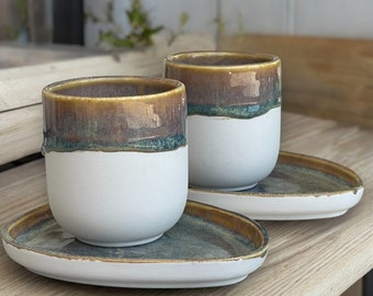 Witte keramische koffiemok en schotel set-rustieke aardewerk kop en bord - koffieliefhebbers aangepast cadeau - mok zonder handvat - dubbele espressomok