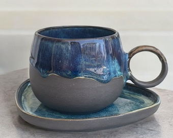 Deep Blue Cappuccino Mug and Saucer Set, Ceramic Blue Gray Coffee Cup With Plate  220 ml. (7.4 oz) Capacity, Gifts For Tea or Coffee Lovers