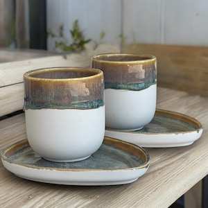 Juego de taza y platillo de café de cerámica blanca - Taza y plato de cerámica rústica - Regalo personalizado para amantes del café - Taza sin asa - Taza de espresso doble