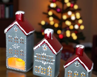 Ceramic Tealight Houses | Snowy House Candle Holder | Gray Winter House Decor | Nordic Christmas Village