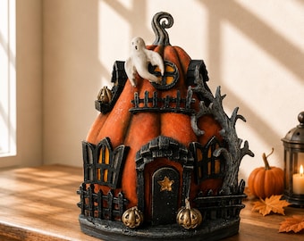 Könnte beinhalten: Ein dekoratives, kürbisförmiges Haus in Orange mit einer weißen Geisterfigur auf dem Dach, schwarzen Bogenfenstern, einer zentralen Tür mit goldenem Stern, einem schwarzen Lattenzaun und einem knorrigen Ast an der Seite auf einem dunklen Sockel.