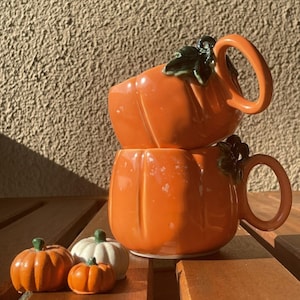Handmade Ceramic Pumpkin Mug: Fall Decor with Leaf Handle