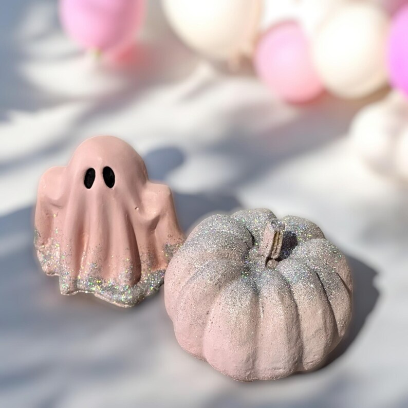 Pink Glitter Cute Ghost and Pumpkin Figure Set, Glitter Pastel Home ...