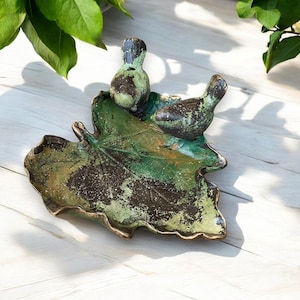 Leaf Shaped Ceramic Plate with Bird, Rustic Blue and Pastel Green Plate for Jewelry or Decoration, Ring Dish, Gift for Bird Lovers