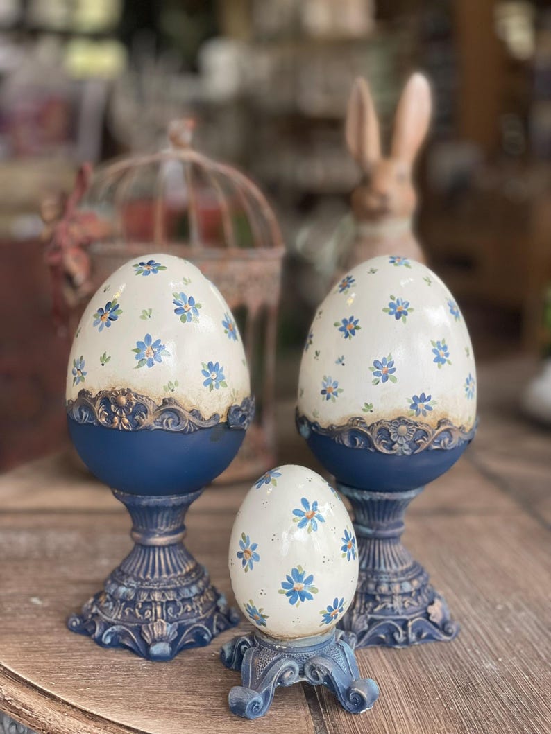 Floral Easter Eggs Blue and White Design, Large or Mini Easter Eggs, Elegant Ceramic Easter Centerpiece, Antique Cottagecore Console Decor