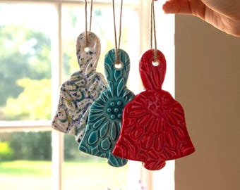 Handmade Ceramic Christmas Bell Ornament | Rustic Christmas Tree Bell | Ceramic Holiday Ornament | Small Christmas Gift for Tree Decor