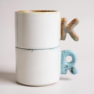 Personalized Initial Handle Mug: Handmade Ceramic Coffee Cup, Modern Monogram, Customizable Mother’s  Day Gift
