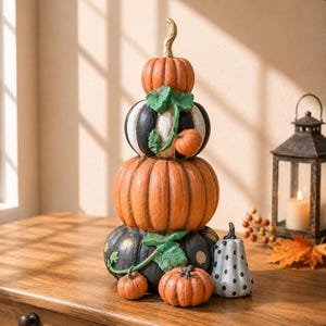 May include: A vertical stack of four decorative pumpkins featuring a top orange pumpkin, a black and white striped pumpkin, a large orange pumpkin, and a black pumpkin with gold dots. Two small orange pumpkins and a white pumpkin with black dots sit at the base.