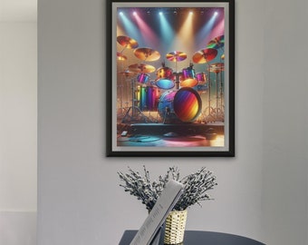 Rainbow Drum Set Art Print – Vibrant Music Room Poster (Digital Download)