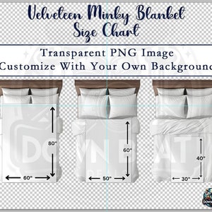 Könnte beinhalten: Eine Größentabelle für eine Samt-Minky-Decke. Die Tabelle zeigt drei verschiedene Größen von Decken, mit Maßen in Zoll. Die Decke ist weiß und hat eine weiche, plüschige Textur.