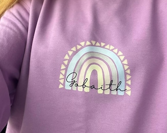 welsh 'gobaith' hope lavender colour adult sweatshirt with rainbow design