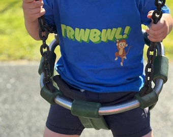 Children's 'Trwbwl' Welsh Blue T-shirt, 'Trouble' Slogan