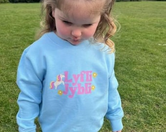 Children Welsh Lyfli Jybli cute blue jumper unicorn welsh jumper for girls