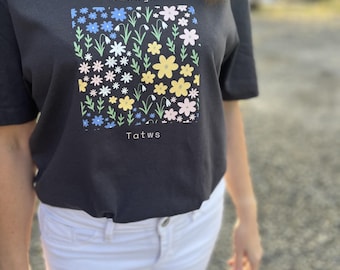 Welsh 'Blodyn Tatws' tshirt. Crys-T blodyn tatws cymraeg i oedolion, for adults. Ready to go stock