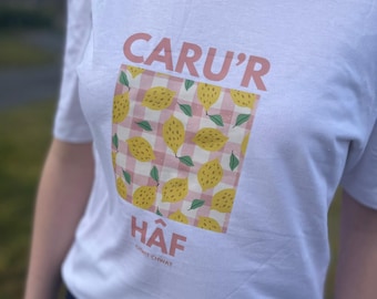 welsh 'caru'r haf' love the summer white and pink checkered lemon print tshirt
