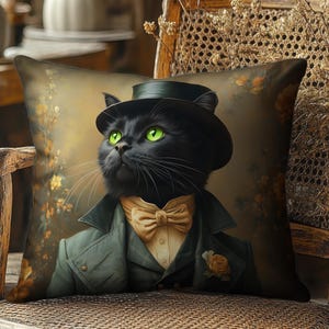 Victorian Dapper Cat Pillow: William Morris Inspired Faux Suede Throw