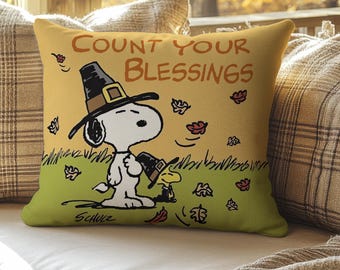 Snoopy and Woodstock Thanksgiving Faux Suede Pillow: Retro Peanuts Fall Decor