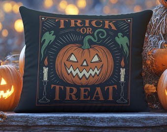 May include: Black square pillow with a Halloween design. The pillow features a jack-o'-lantern with the words "Trick or Treat". The image also includes lit pumpkins and a scarecrow.