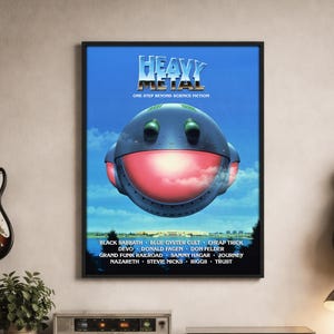 May include: A framed "Heavy Metal" movie poster featuring a stylized, smiling spaceship against a blue sky. The poster includes the film's title and a list of bands. Guitars and stereo equipment are visible.