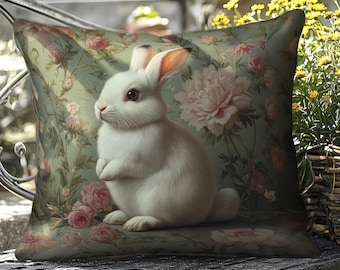 Floral Easter Bunny Pillow: William Morris Inspired Faux Suede Throw